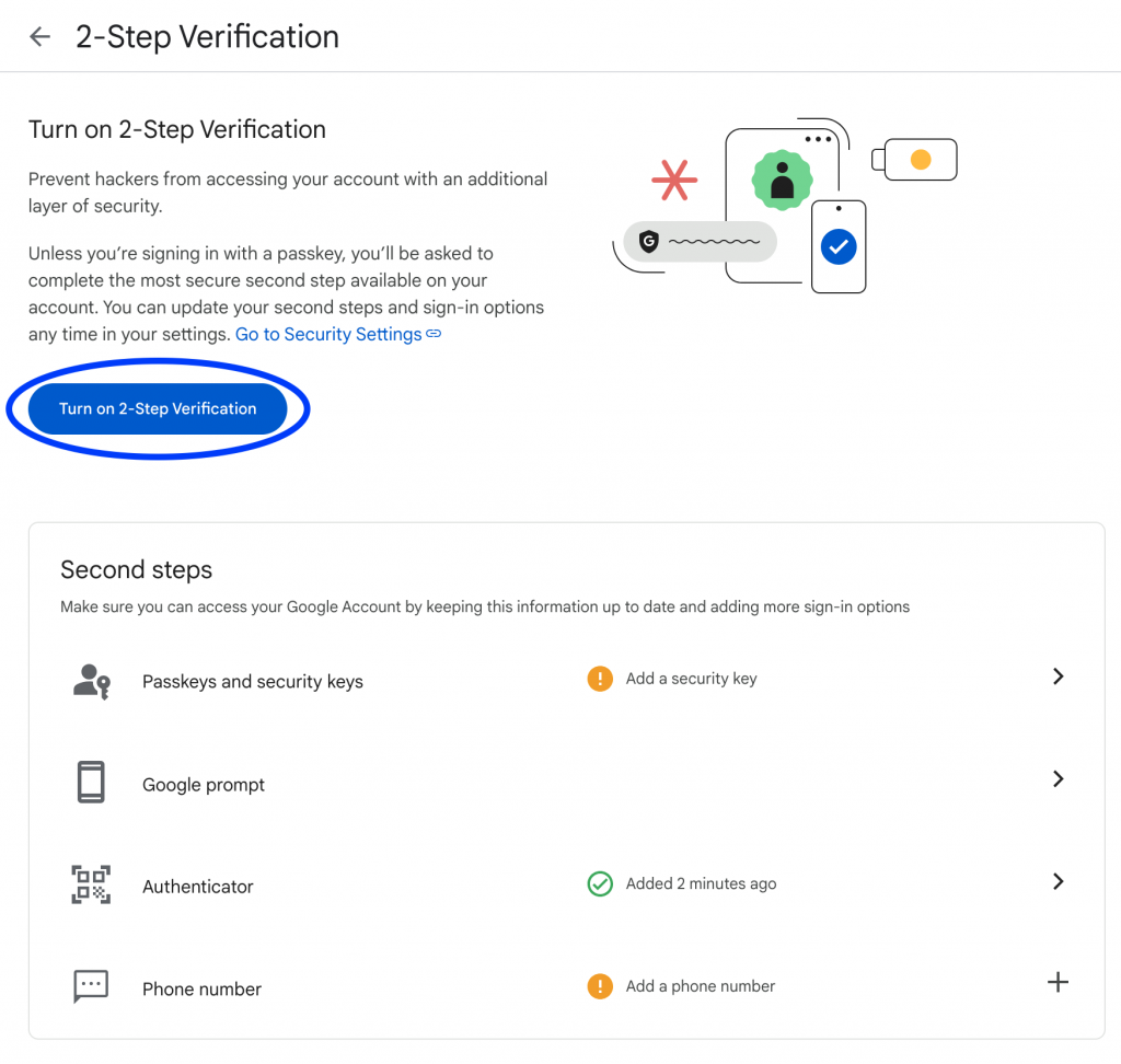 Click the button to "Turn on 2-Step Verification"