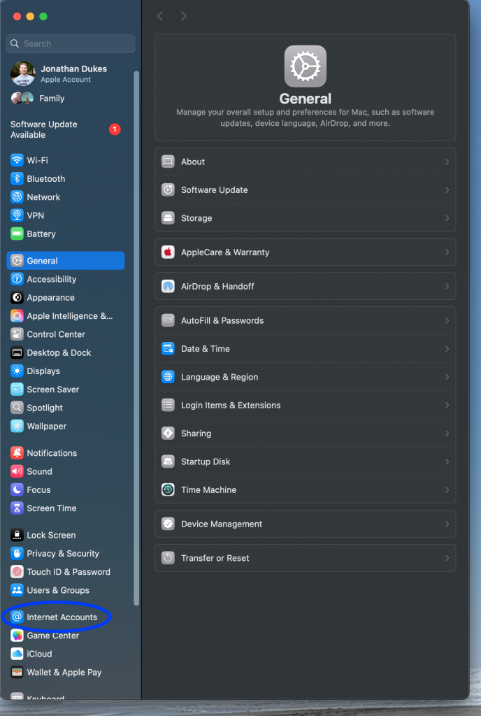 Click on "Internet Accounts" in the left side menu.