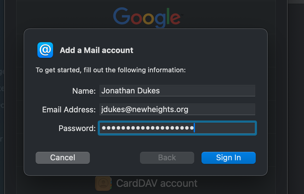 Enter your New Heights email address and the App Specific Password you saved earlier.