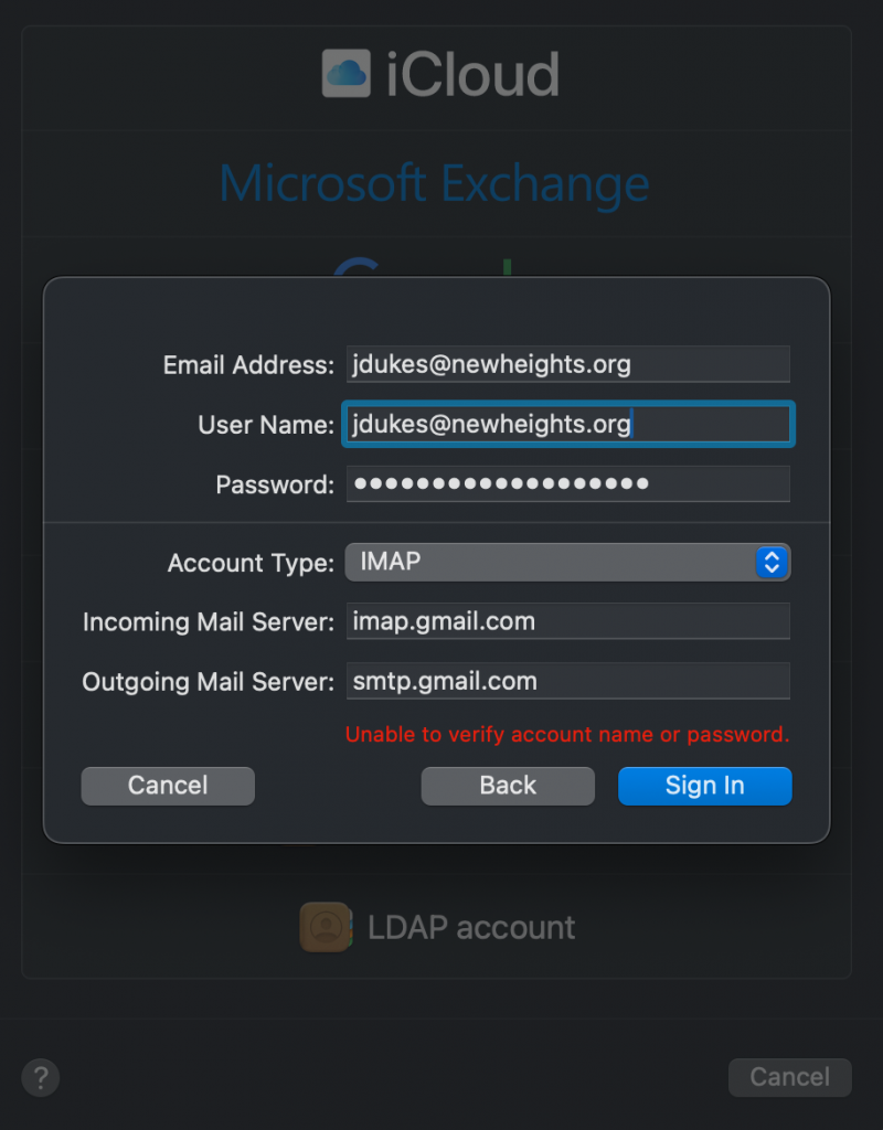 Change Incoming Mail Server to: imap.gmail.com and Outgoing Mail Server to: smtp.gmail.com and put your email address in the User Name field. It should look like this picture, then click the "Sign In" button.