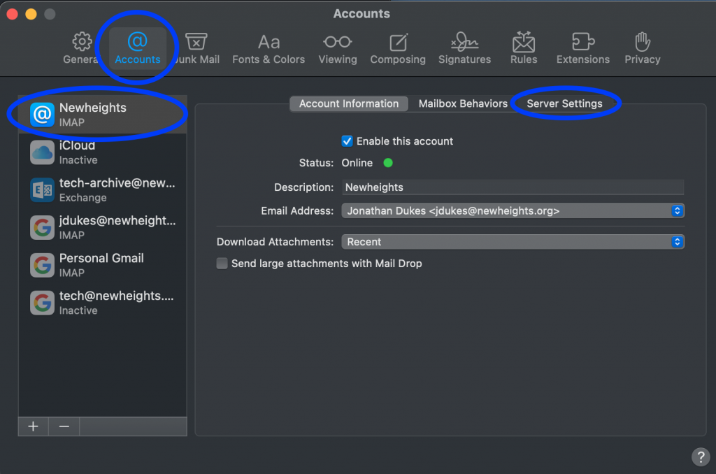 Click on "Accounts" in the top bar, then click on "Newheights" in the left menu, and then click on "Server Settings"