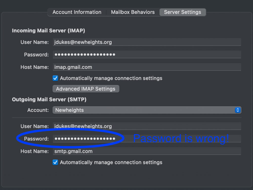 Under Outgoing Mail Server (SMTP) the password field doesn't get copied correctly so you need to delete what is there and past in the App Specific Password you setup. 