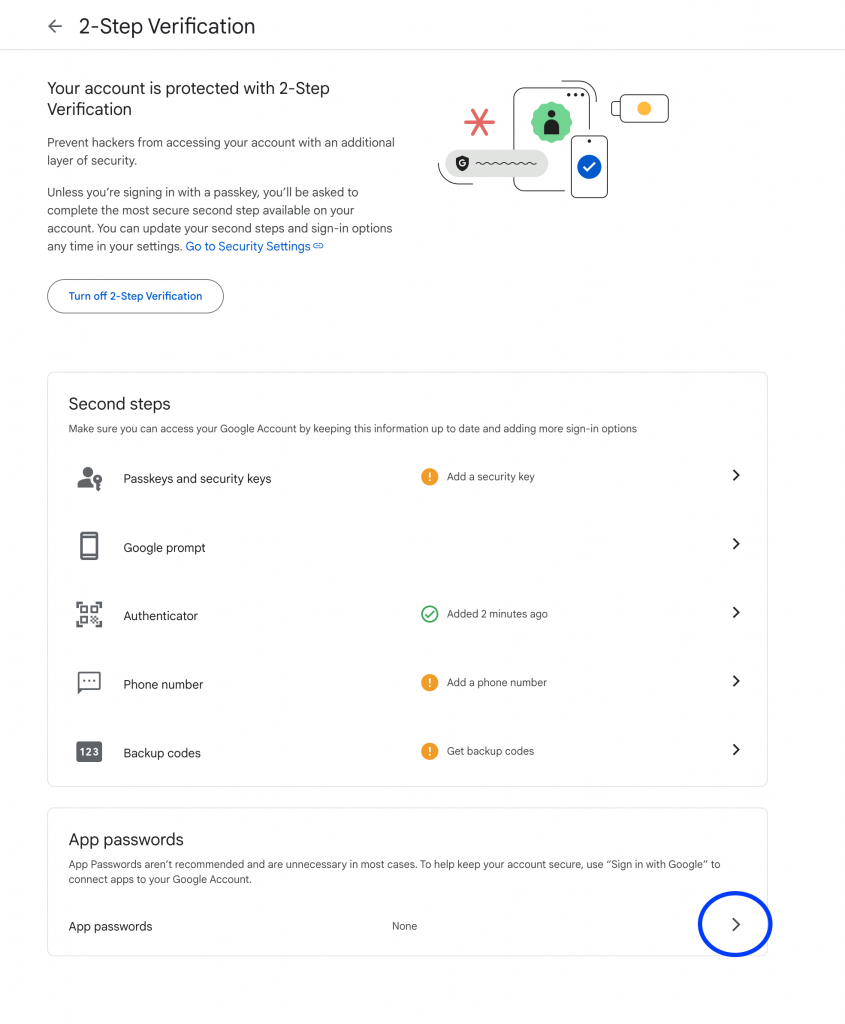 Now click on the arrow next to App passwords.